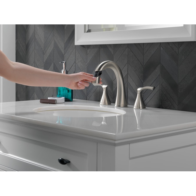 Delta Sandover Pulldown Spotshield Brushed Nickel Widespread 2-Handle WaterSense Pull-down Bathroom Sink Faucet with Drain - Image 11