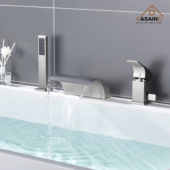 CASAINC Brush Nickel 1-handle Deck-mount Roman High-arc Bathtub Faucet with Hand Shower