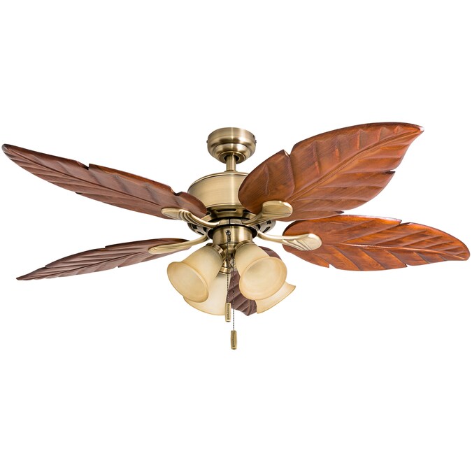 Honeywell Royal Palm 52-in Aged Brass with Dark Cherry Blades LED Indoor Downrod or Flush Mount Ceiling Fan with Light (5-Blade)