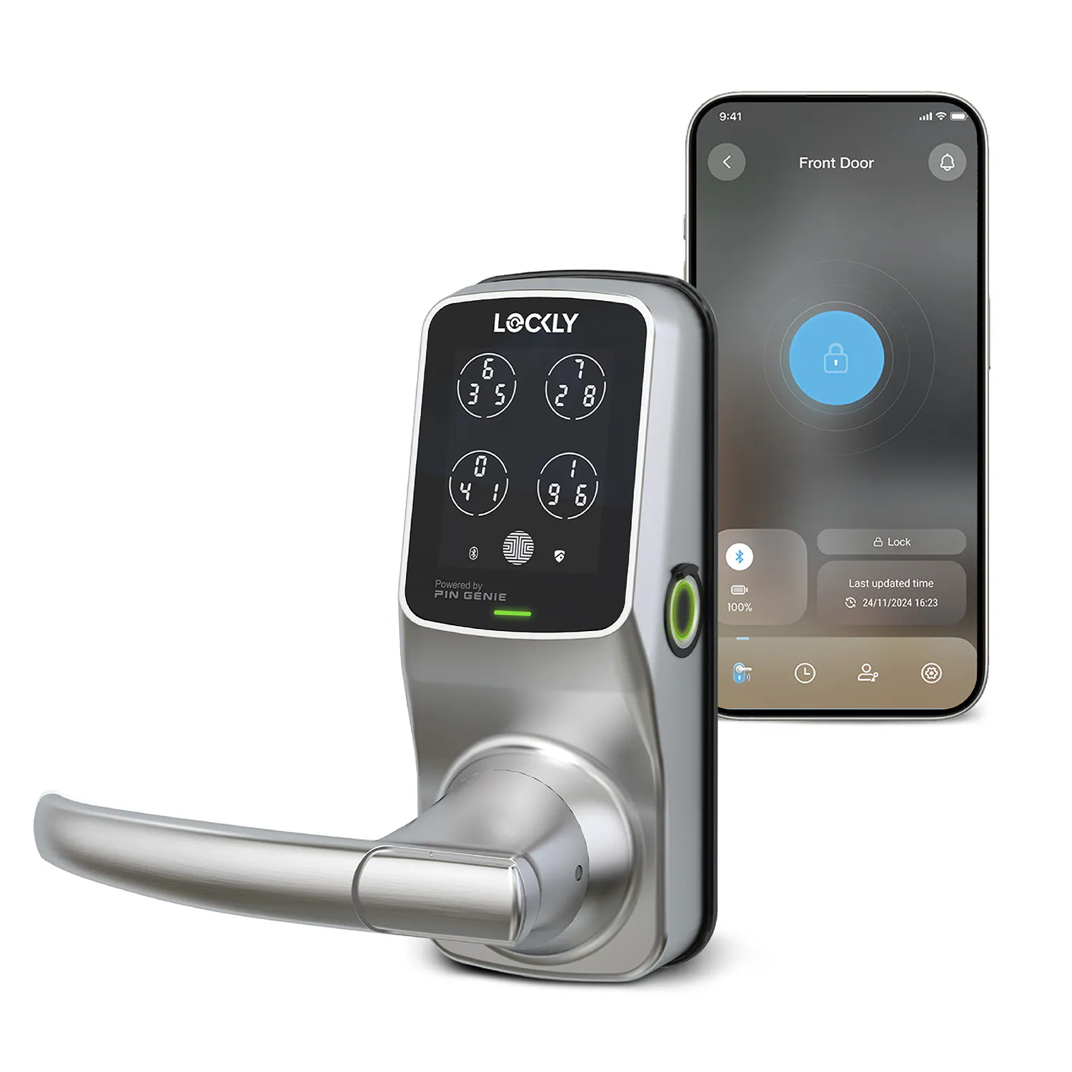 Secure Plus Latch Bluetooth Smart Locks Satin Nickel Smart Lock Electronic Handle with Wifi Bluetooth and Fingerprint Touchscreen Keypad