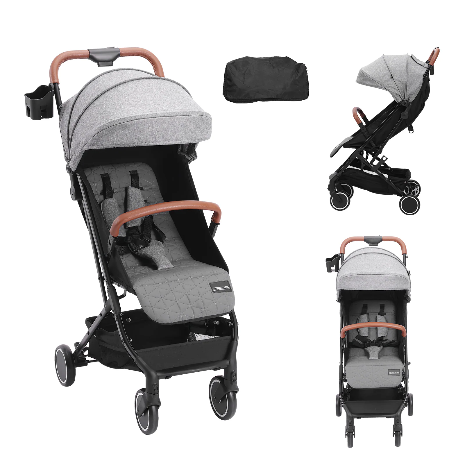 Standard Baby Infant Stroller - Toddler Friendly. This stroller features a 95°-150° adjustable backrest and 0/90° adjustable footrest. One-click folding. Comes with a cup holder and carry bag