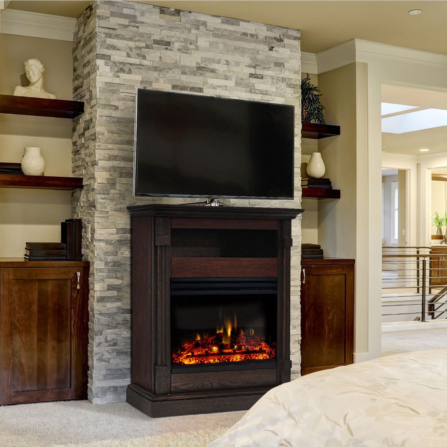 33.9-Inches W Mahogany Free standing Fan-forced Flat wall Electric Fireplace with Remote Control Included - Image 9