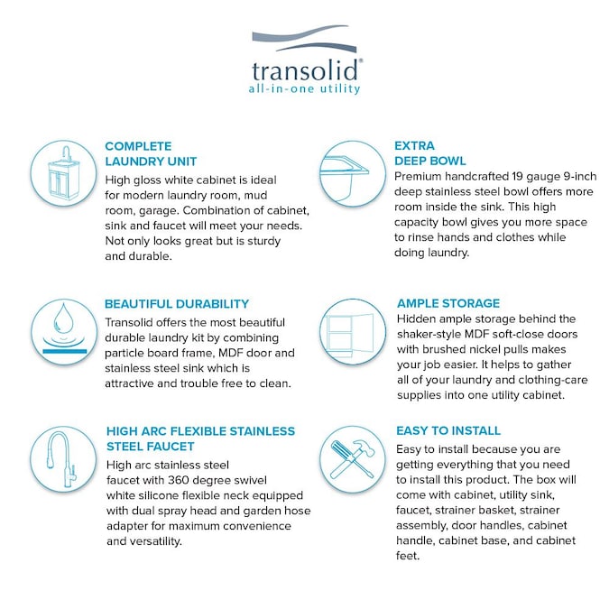 Transolid 24-in x 19.7-in 1-Basin White Freestanding Laundry Sink with Cabinet, Drain, and Faucet - Image 4