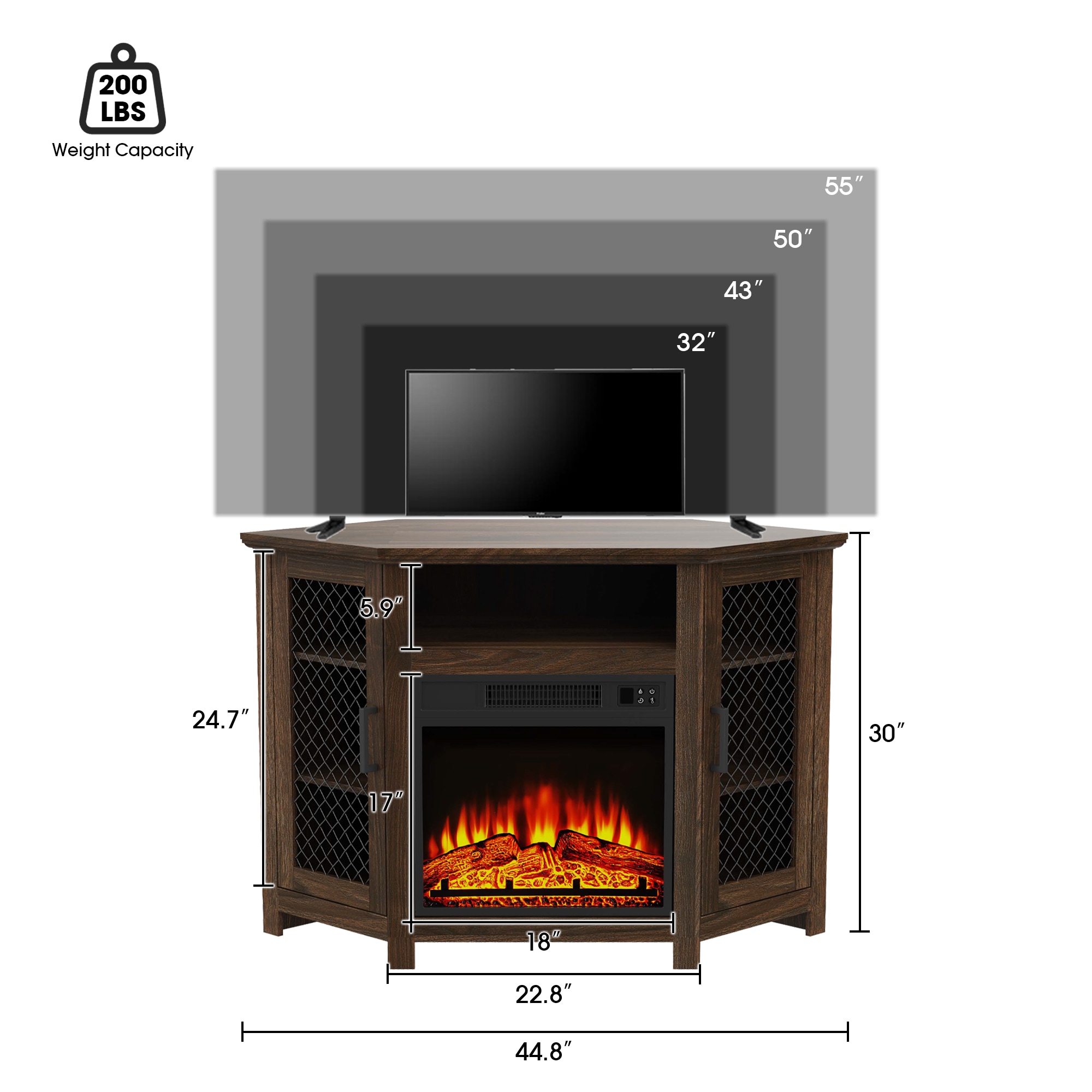 45-in W Dark Walnut TV Stand with LED Corner or flat wall Electric Fireplace with Remote Control Included - Image 5