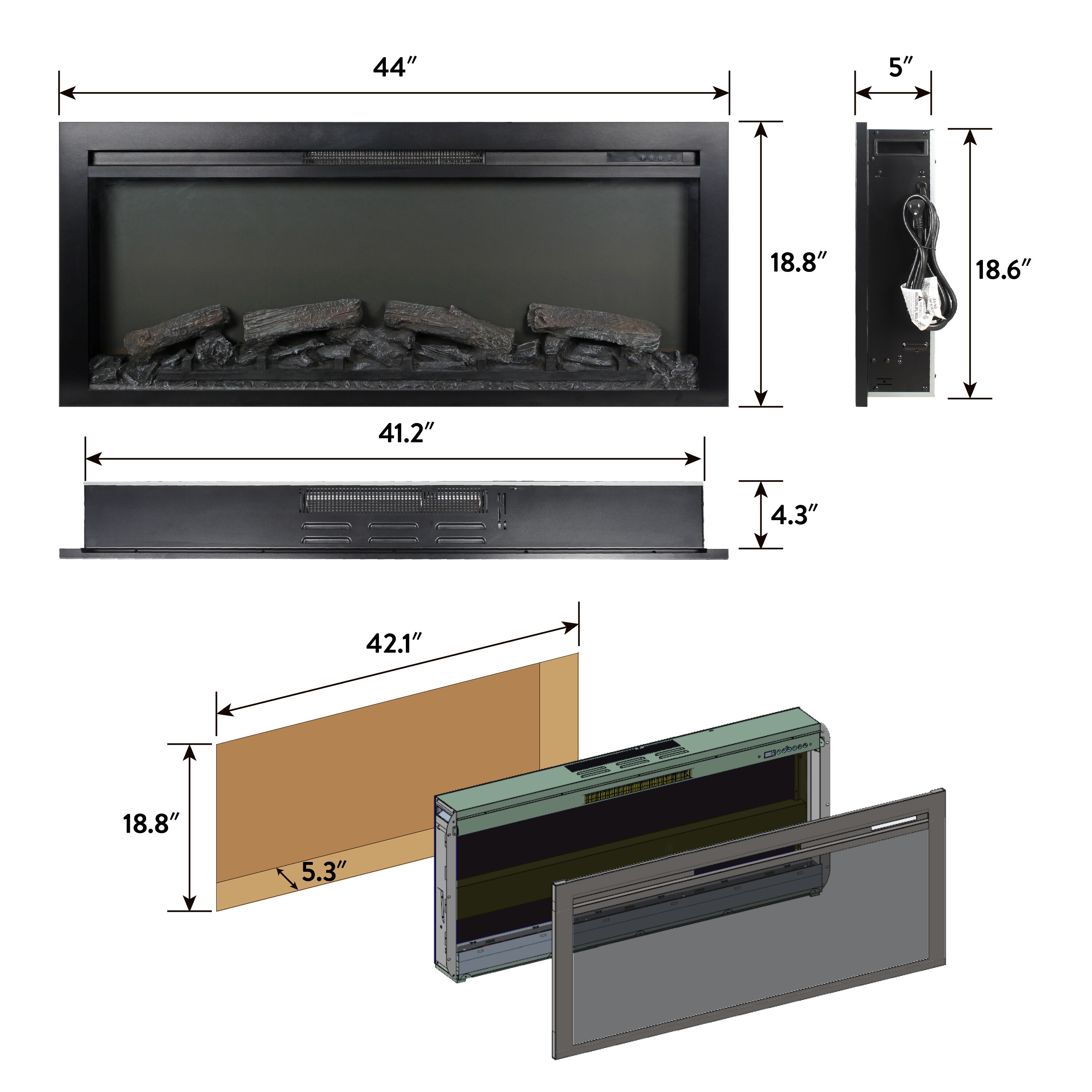 44-Inches W Black Wall mount LED Wall-mount Electric Fireplace with Remote Control Included - Image 6