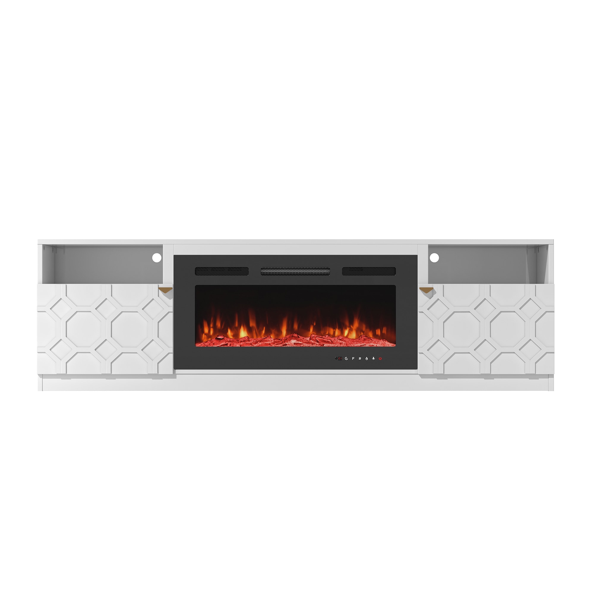 70.08-in W White TV Stand with Fan-forced Flat wall Electric Fireplace with Remote Control Included