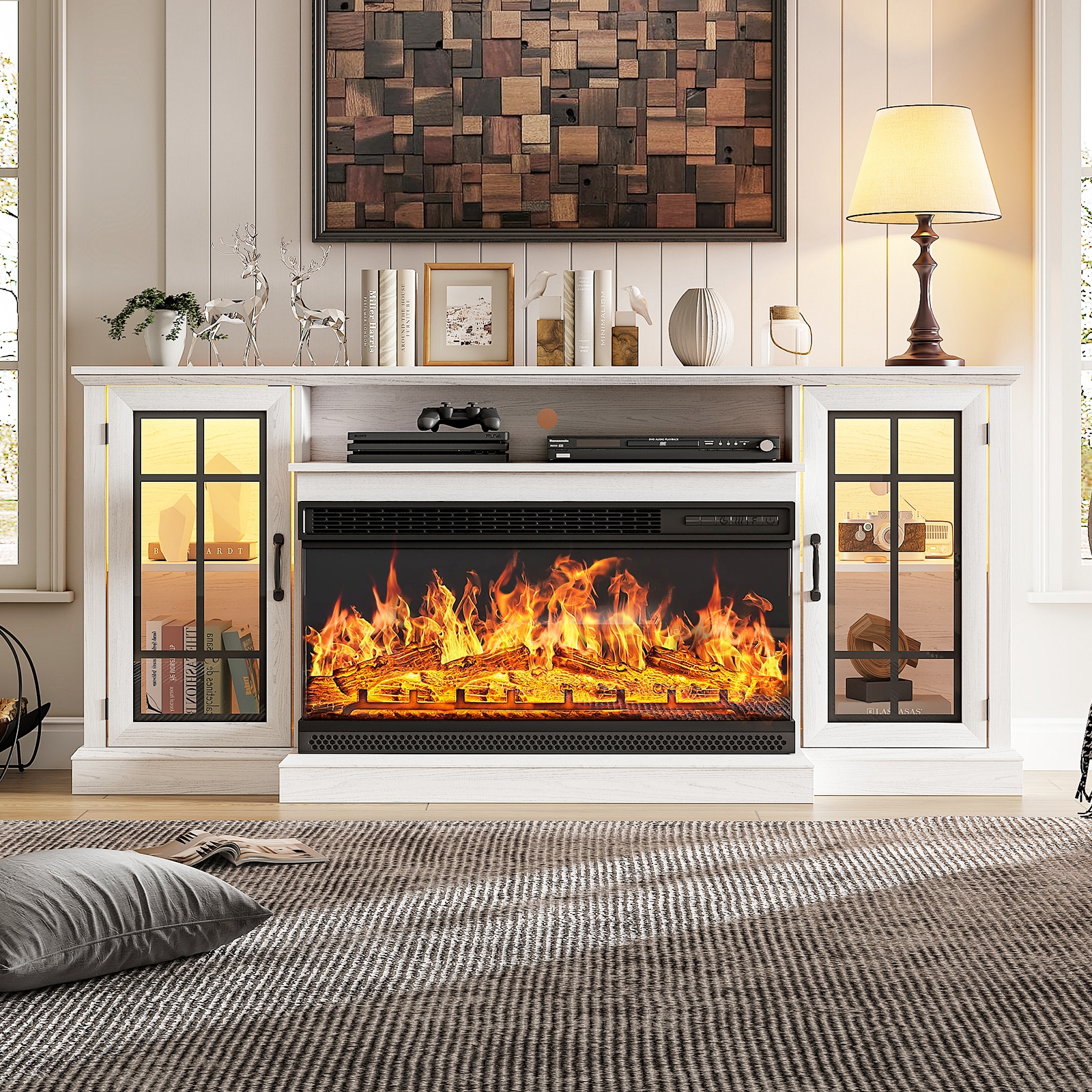 70-Inches W White TV Stand with LED Flat wall Electric Fireplace with Remote Control Included