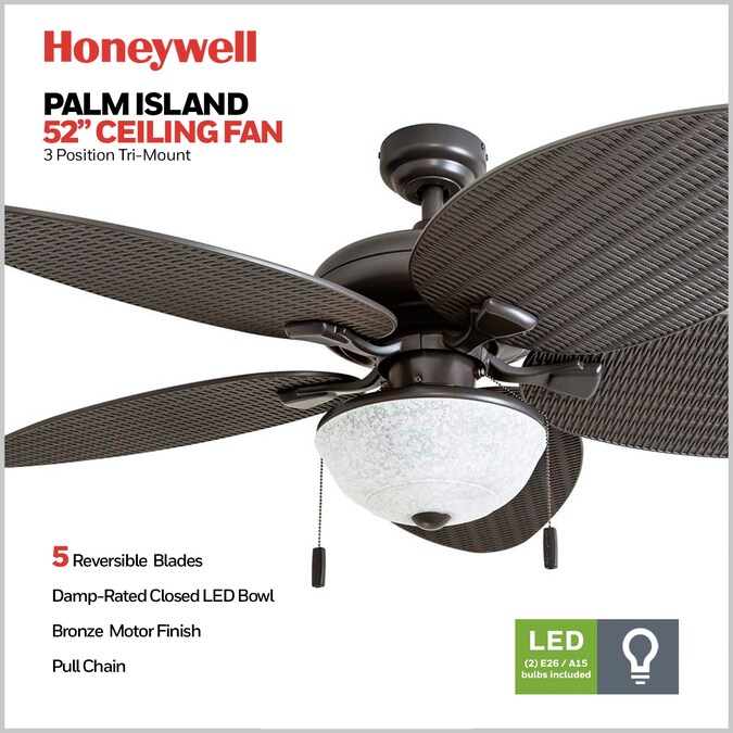 Honeywell Inland Breeze 52-in Bronze with Bronze Palm Leaf/Bronze Wicker Blades LED Indoor/Outdoor Downrod or Flush Mount Ceiling Fan with Light (5-Blade) - Image 4