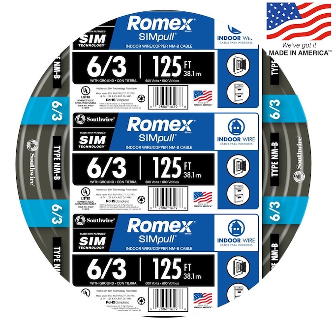 Southwire 125-ft 6/3 Romex SIMpull Stranded Indoor CU NM-B W/G Individual Pack (By-the-roll)