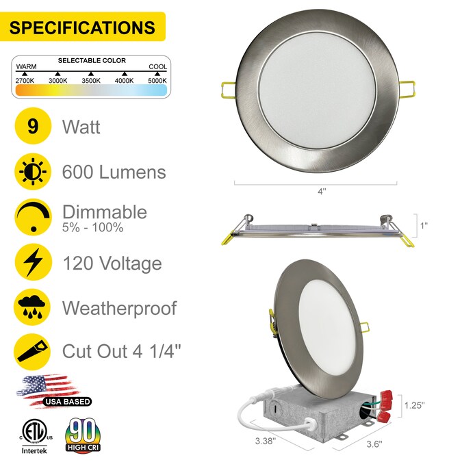 NUWATT Ultra Slim Airtight IC Brushed Nickel 4-in 630-Lumen Switchable Round Dimmable LED Canless Shower Recessed Downlight (12-Pack) - Image 6