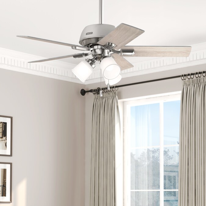 Hunter Crystal Peak 44-in Brushed Nickel with Light Gray Oak Blades LED Indoor/Outdoor Ceiling Fan with Light (5-Blade)