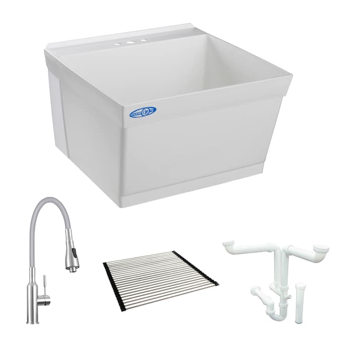 Mustee 23-in x 23-in 1-Basin White Wall Mount Laundry Sink with Drain and Faucet