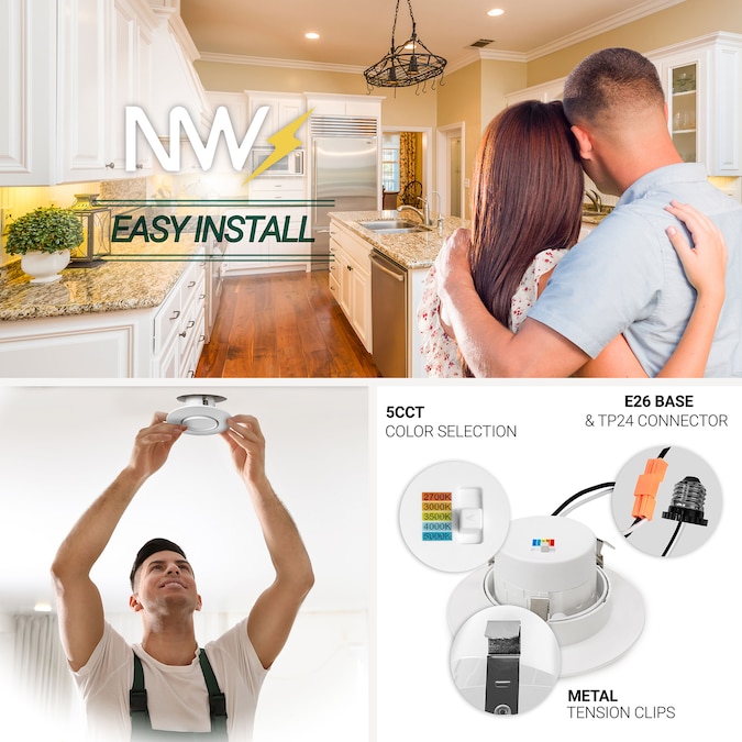 NUWATT Gimbal Retrofit with Adjustable Lens White 4-in 750-Lumen Switchable Round Dimmable LED Canned Shower Recessed Downlight (6-Pack) - Image 6