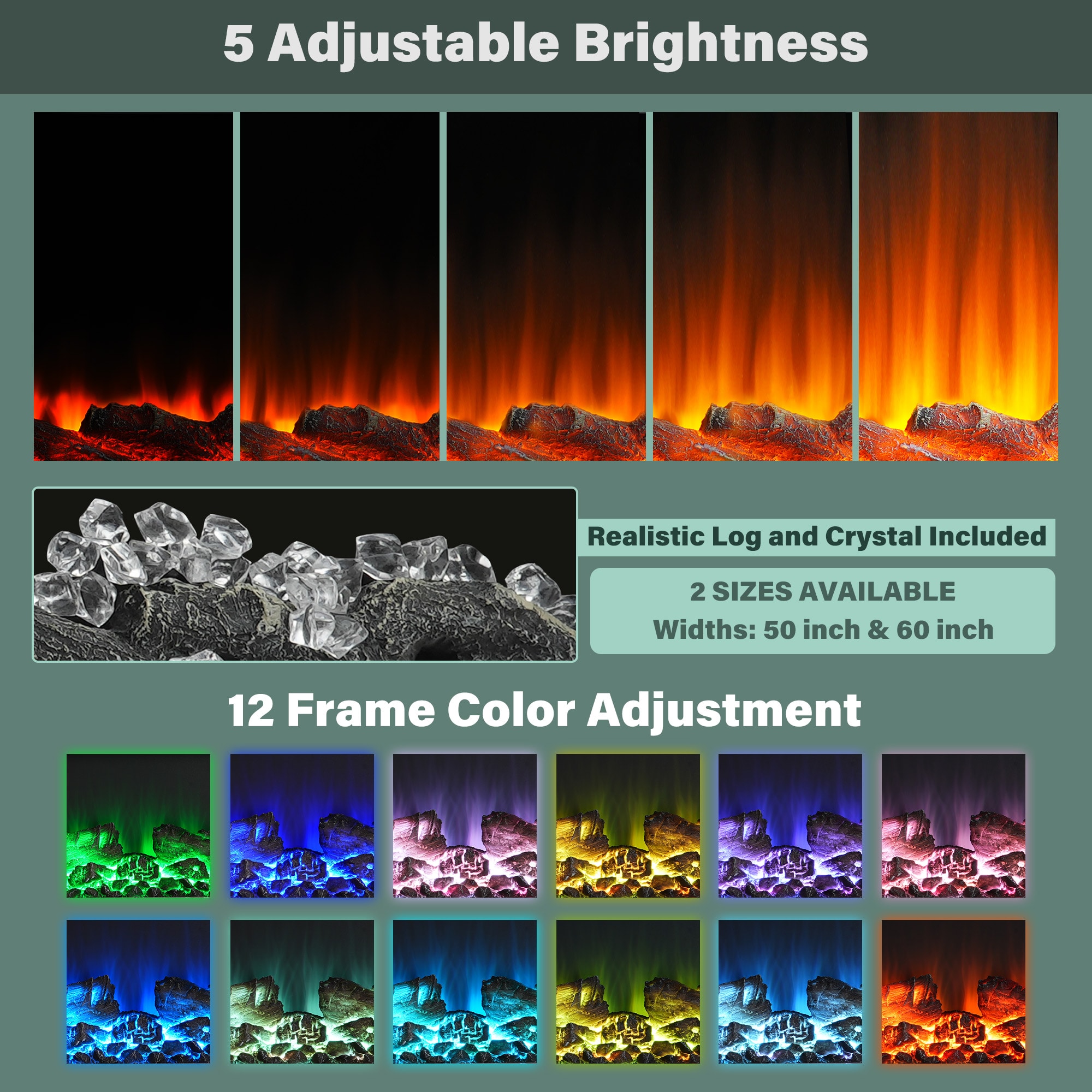 50-Inches W Stainless Steel Wall mount Fan-forced Wall-mount Electric Fireplace with Remote Control Included - Image 7