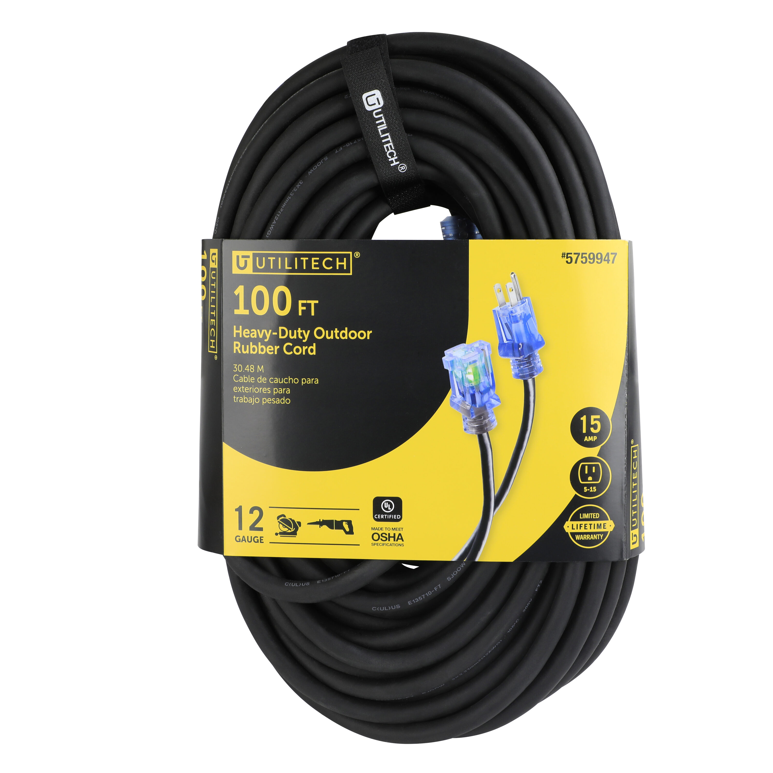Outdoor 100-ft 12 / 3 3 Prong Black Indoor/Outdoor SJOOW Heavy Duty Lighted Extension Cord