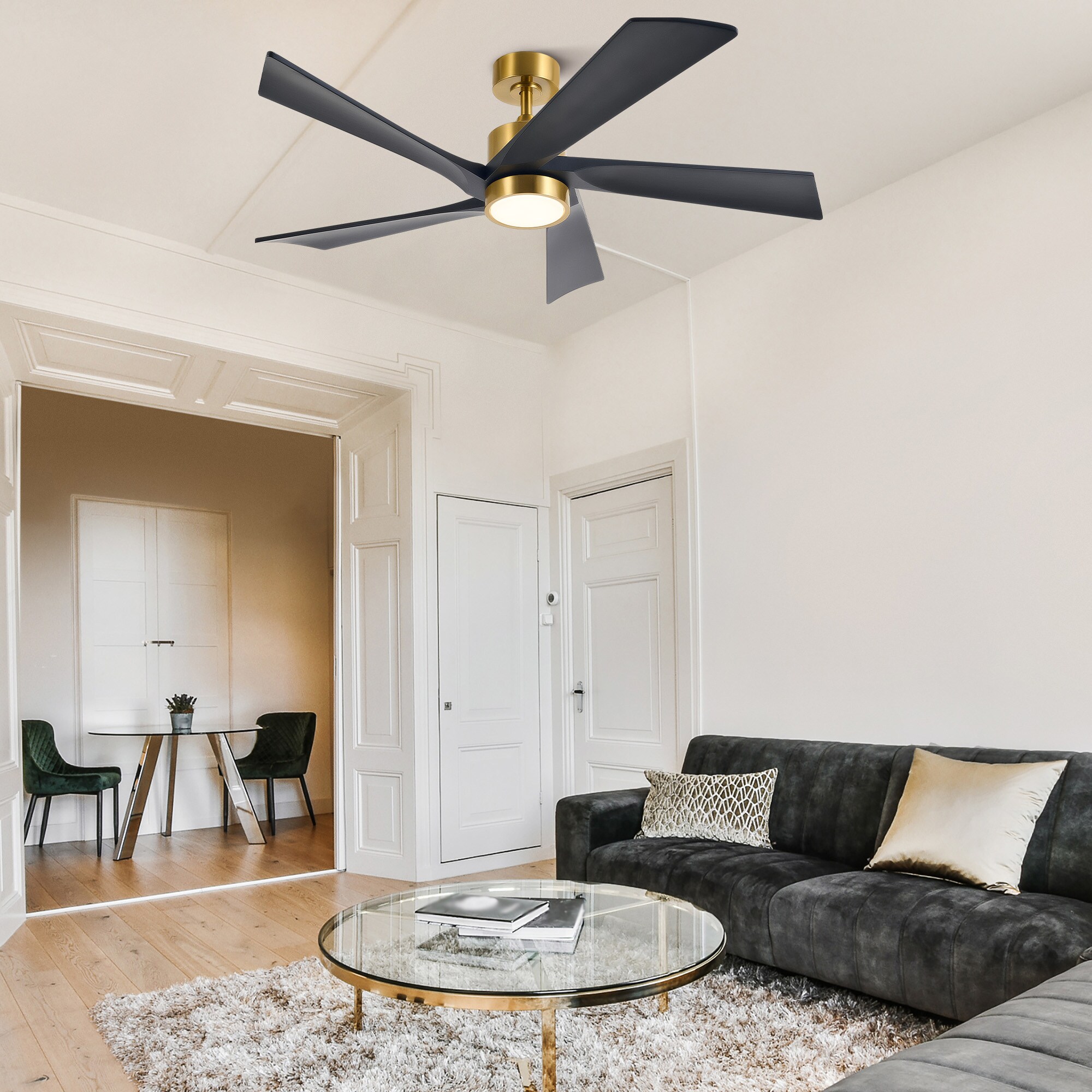 52-in Color-Changing Integrated LED Smart Glossy Gold with Matte Black Blades Ceiling Fan With Light and Remote ( 5 -Blade )