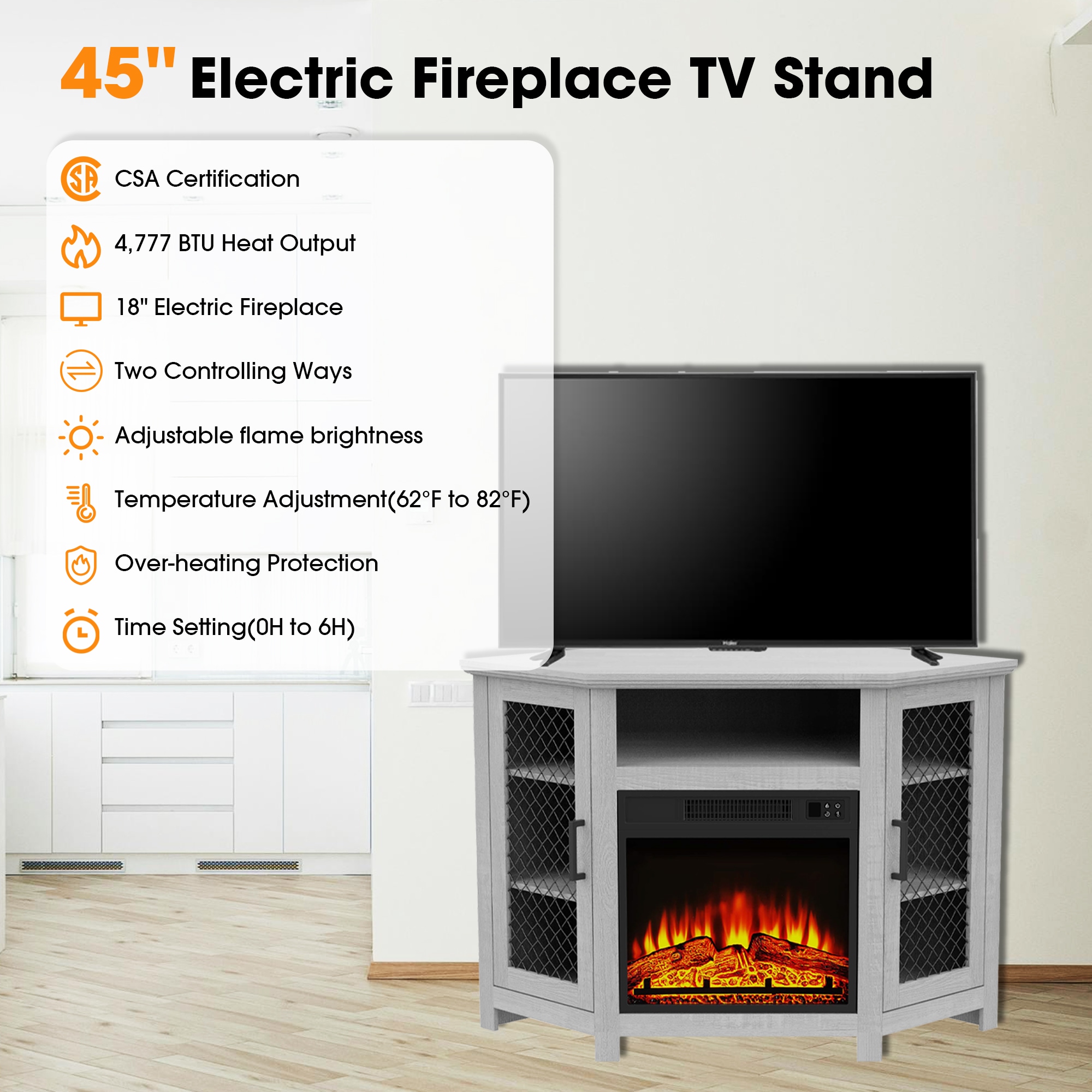 45-in W Gray TV Stand with LED Corner or flat wall Electric Fireplace with Remote Control Included - Image 4