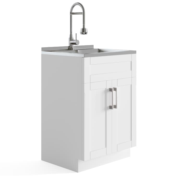 Simpli Home 19.7-in x 23.6-in 1-Basin Pure White Freestanding Laundry Sink with Drain and Faucet
