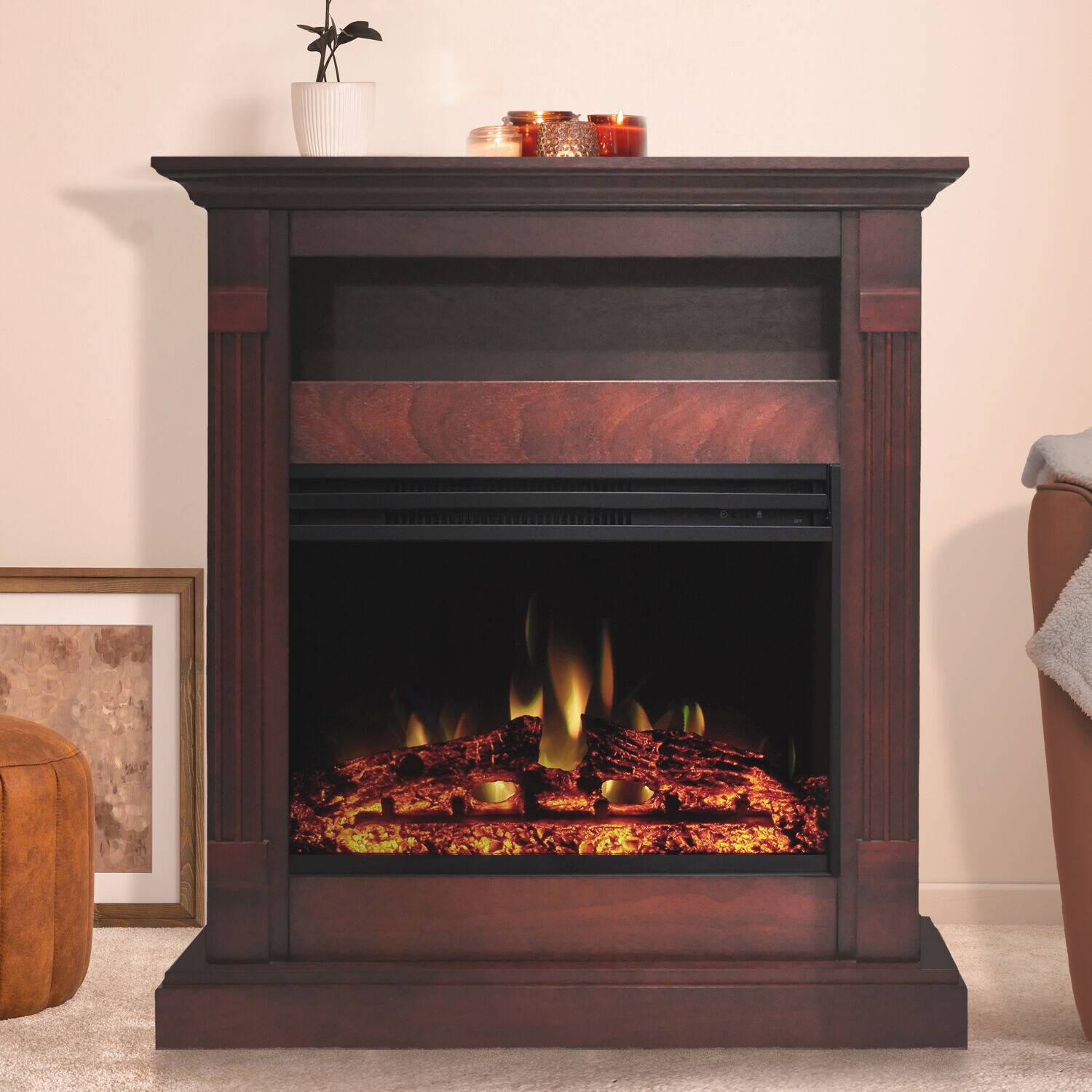 33.9-Inches W Cherry Free standing Fan-forced Flat wall Electric Fireplace with Remote Control Included - Image 12