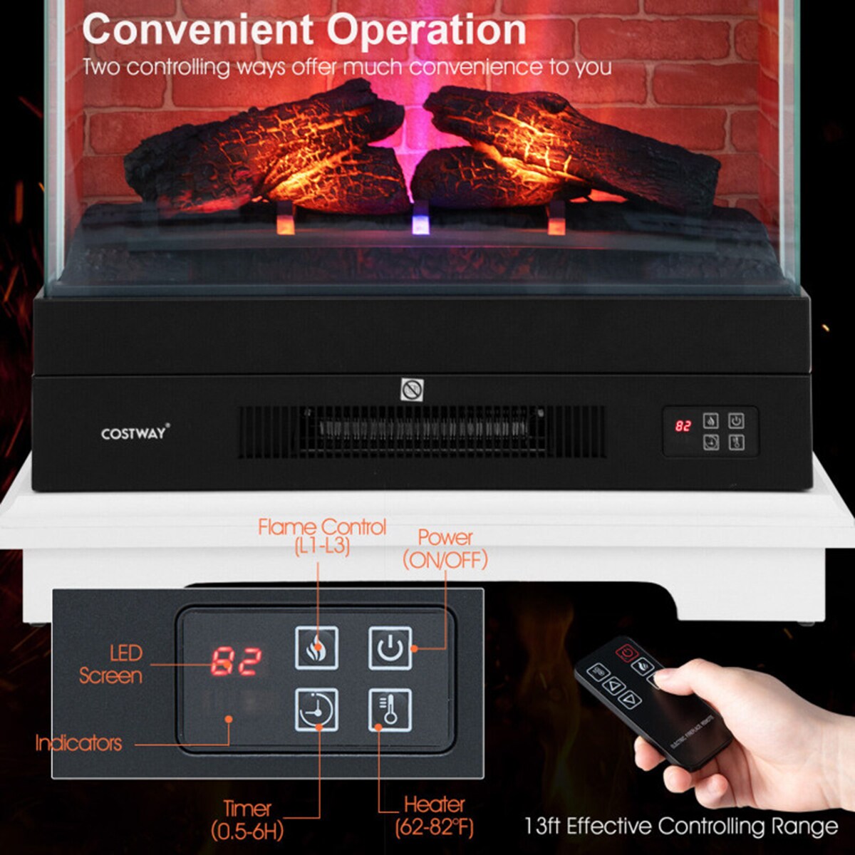 27-Inches W White TV Stand with Fan-forced Flat wall Electric Fireplace with Remote Control Included - Image 8