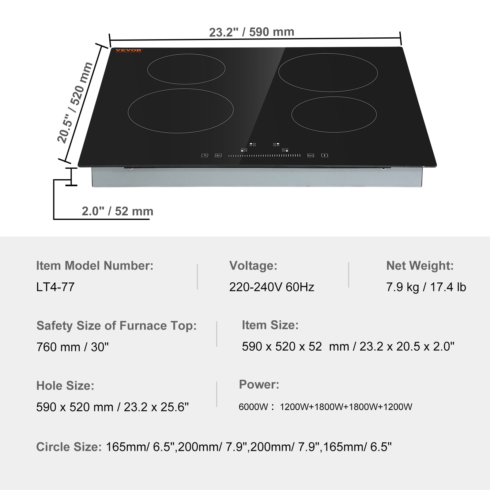 Built-in Ceramic Stove 6000W 24-in 4 burners Smooth Surface (Radiant) Black Electric Cooktop - Image 8
