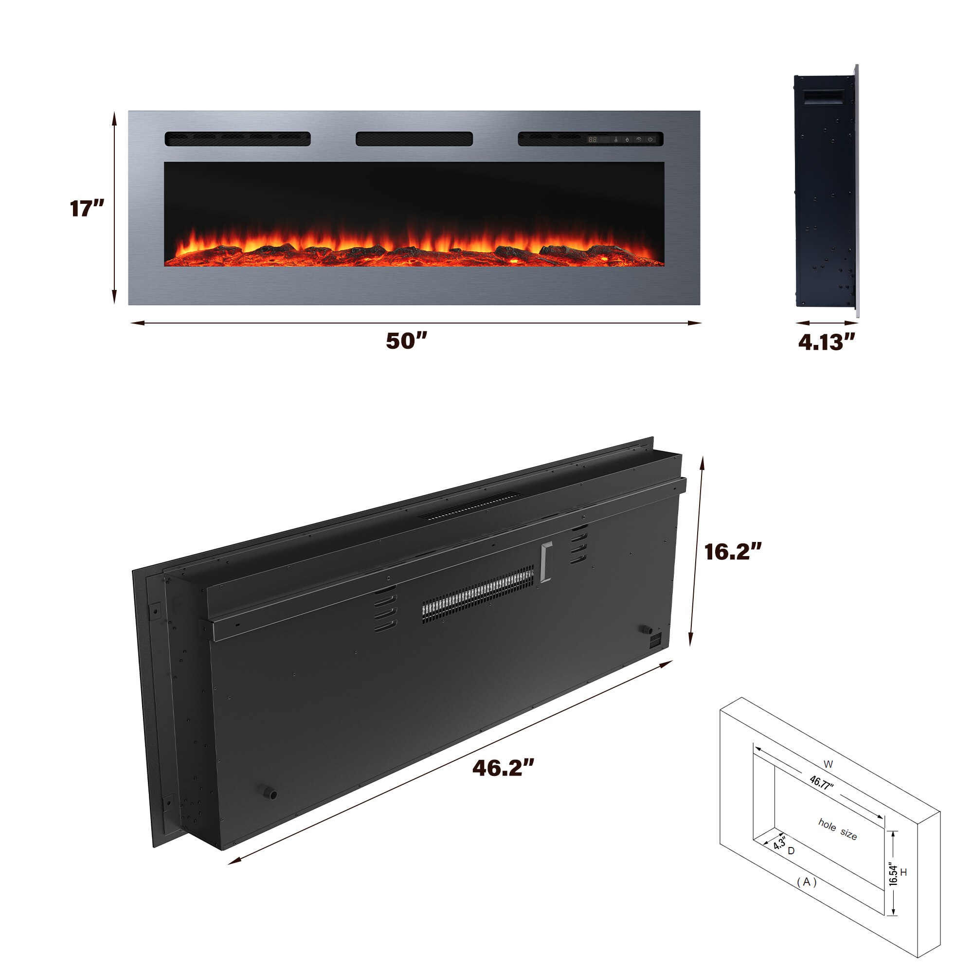 50-Inches W Stainless Steel Wall mount Fan-forced Wall-mount Electric Fireplace with Remote Control Included - Image 12