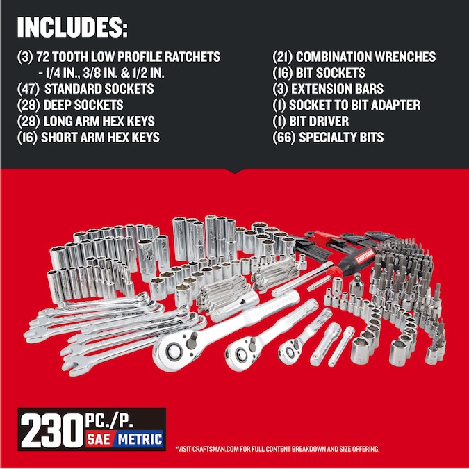 CRAFTSMAN 230-Piece Standard (SAE) and Metric Polished Chrome Mechanics Tool Set with Hard Case - Image 2
