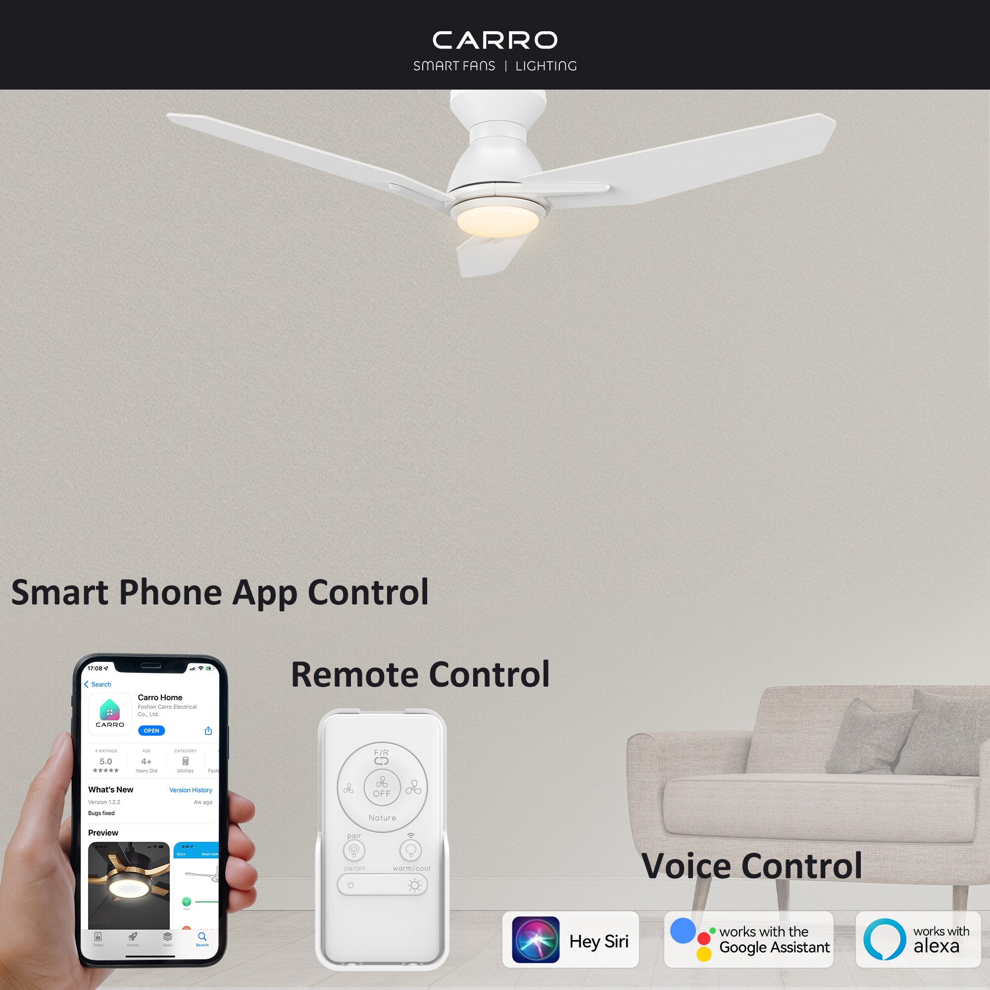 Tilbury 48-in Integrated LED Outdoor Flush Mount Smart White with White Blades Ceiling Fan With Light - Remote Included ( 3 -Blade ) - Image 2