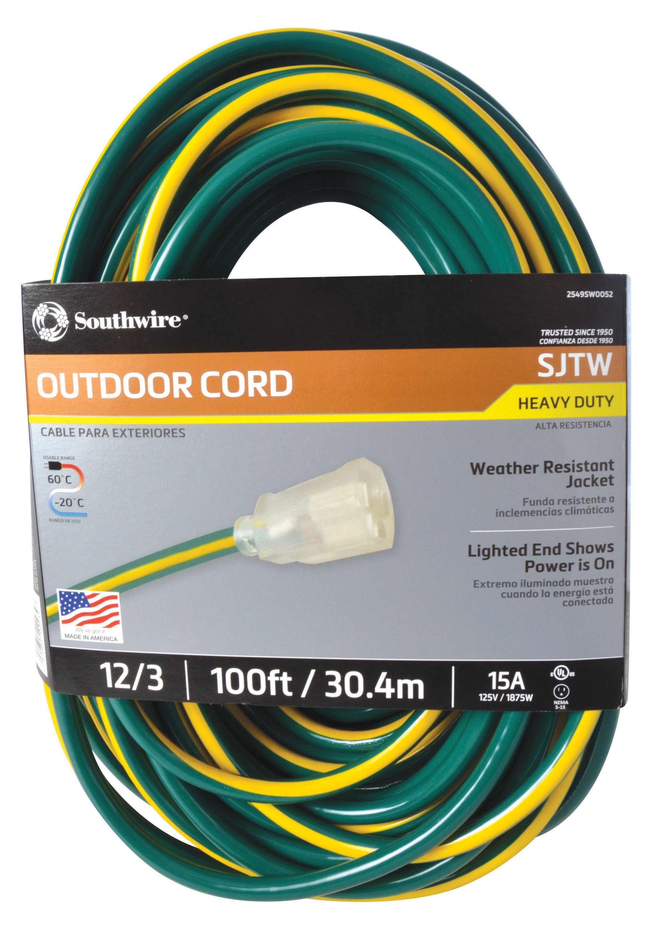 Stripes and Cool Colors 100-ft 12 / 3 3 Prong Dark Green, Yellow Outdoor SJTW Heavy Duty Lighted Extension Cord