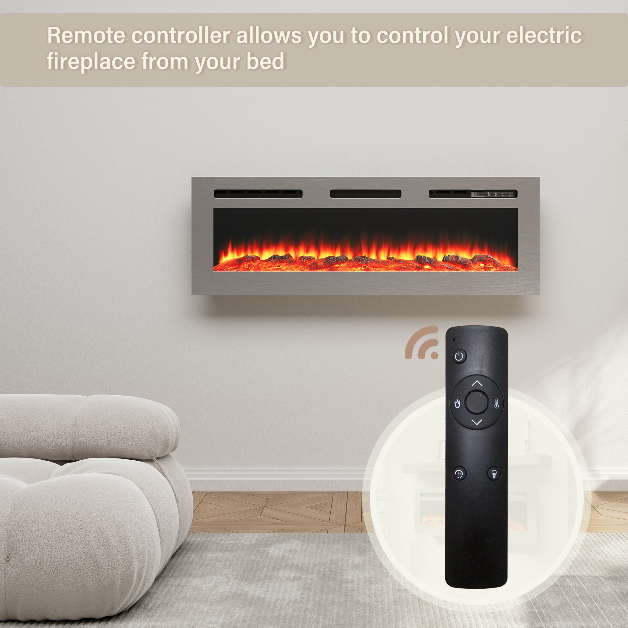 50-Inches W Silver Wall mount Fan-forced Wall-mount Electric Fireplace with Remote Control Included - Image 9