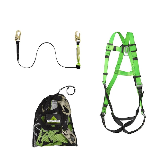 PeakWorks Lightweight, Adjustable Full Body Safety Harness, 6 Ft. Lanyard with Snap Hooks and Mesh Carrying Bag, Compliance Kit, Green, 19 In. H. X 17 In. L. X 14 In. W., Universal Fit