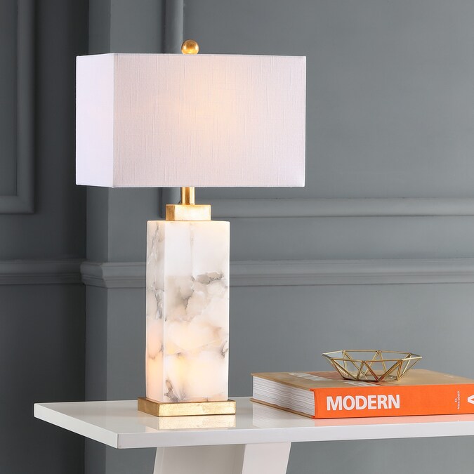 JONATHAN  Y Elizabeth Alabaster Coastal 27.5-in Gold Leaf Led, Rotary Socket Table Lamp with Linen Shade