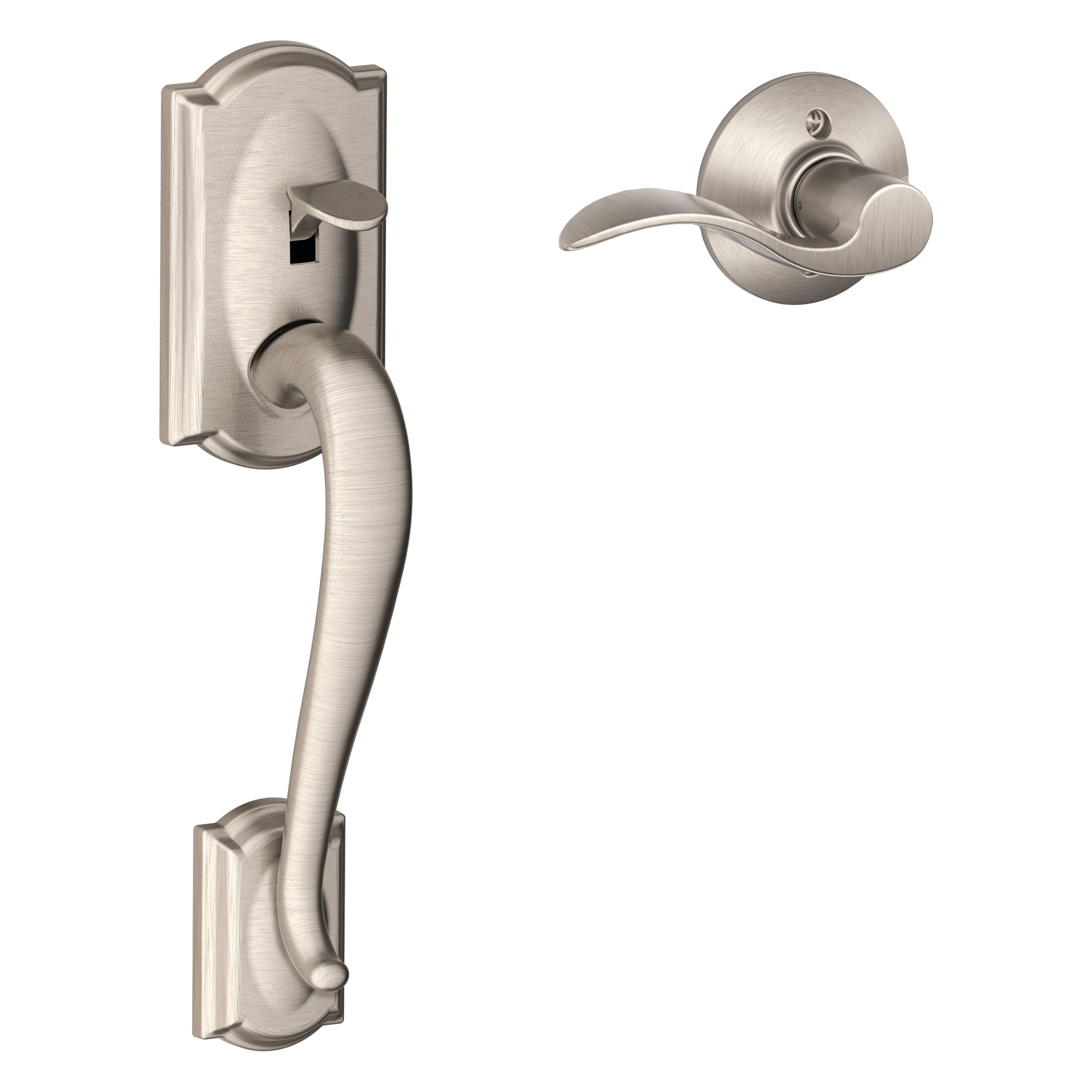Camelot-Accent Satin Nickel Entry door handleset with Accent Lever