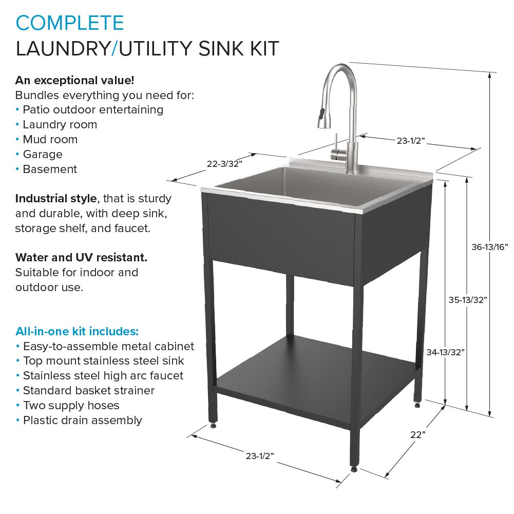 22.1-in x 24-in 1 -Basin Matte Black Freestanding Laundry sink with Faucet - Image 3