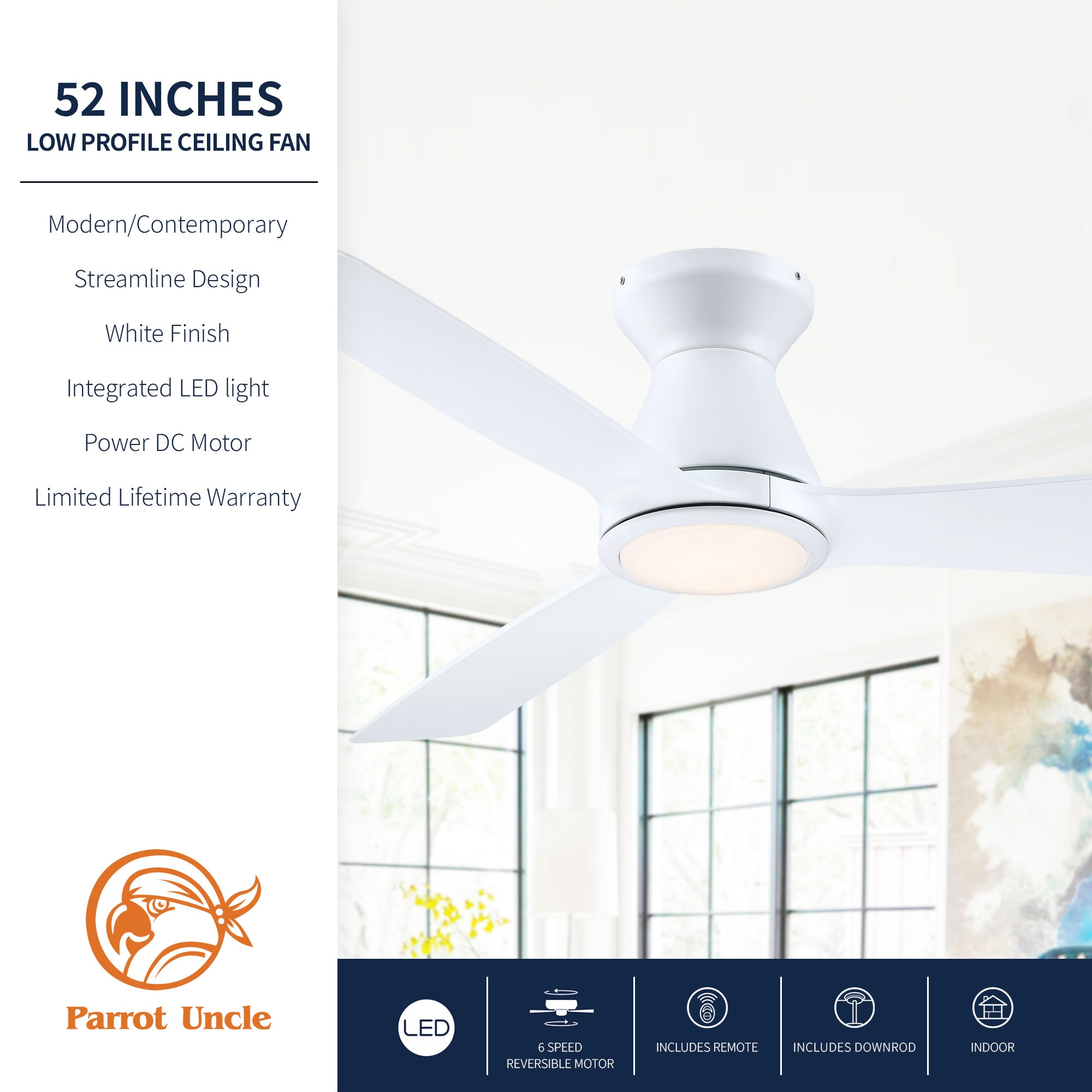 52-in Flush Mount White with White Blades Chandelier Ceiling Fan With Light - Remote Included ( 3 -Blade ) - Image 6