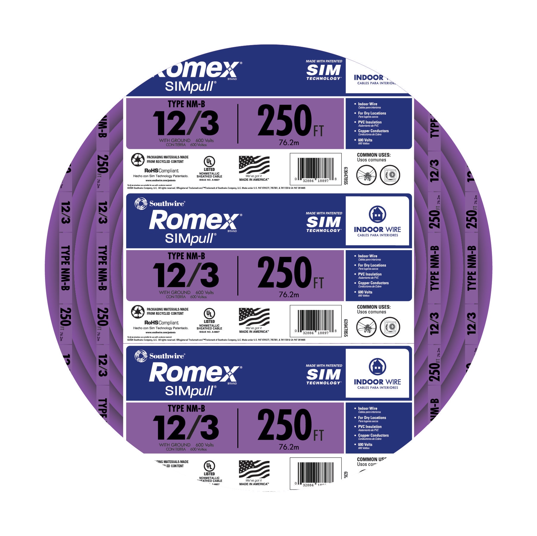 250-ft 12 / 3 / Romex SIMpull Solid Indoor CU NM-B W/G Individual pack ( By-the-roll )