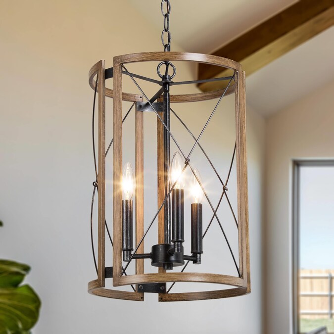 LNC Martin 3-Light Brushed Silver and Brown Wood Grain Cage Modern Farmhouse Cylinder LED Medium Hanging Kitchen Island Light