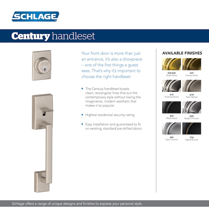 Schlage Century Satin Nickel Single Deadbolt Keyed Entry Door Handleset with Latitude Lever - Image 7