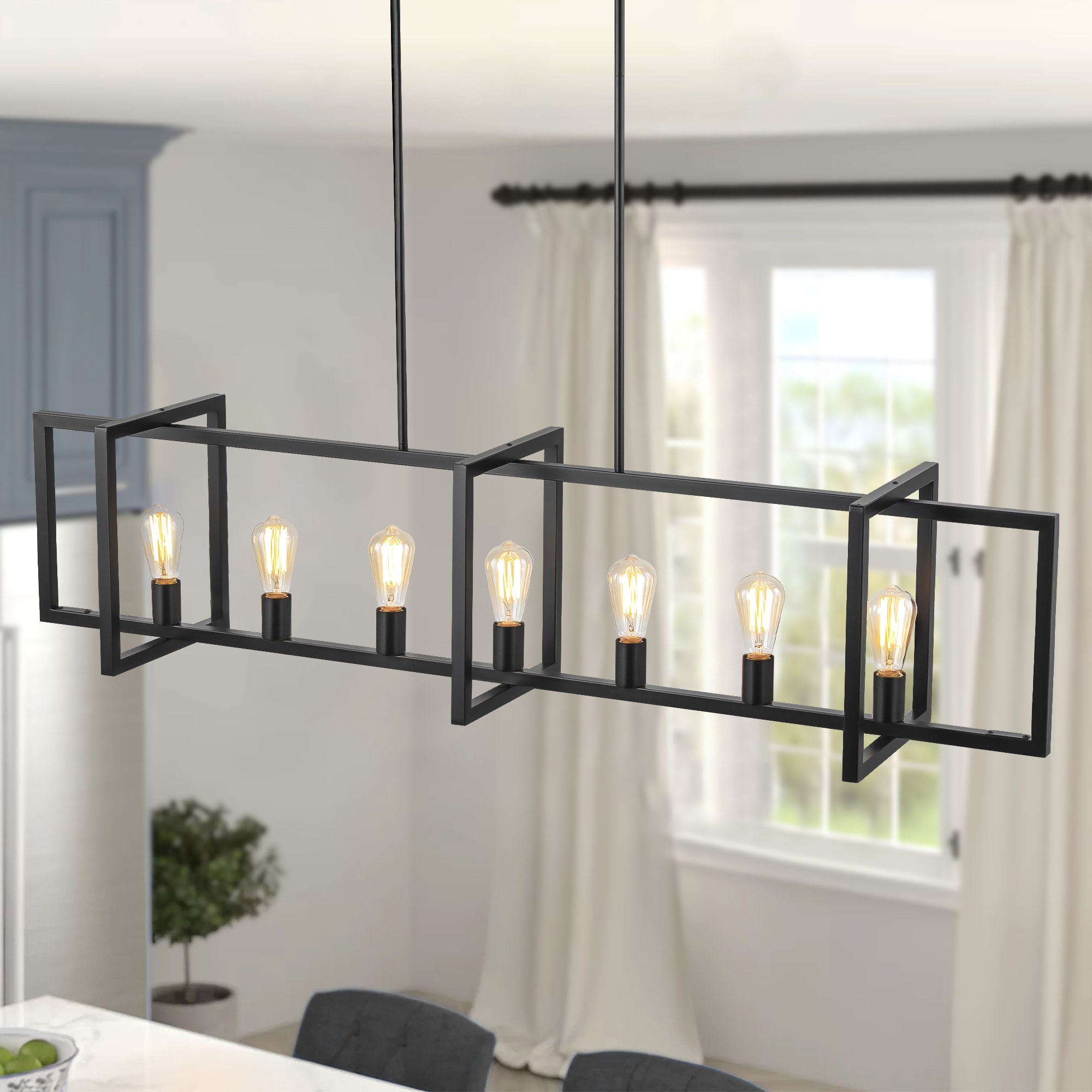 Mason 7 -Light Matte Black Farmhouse Linear Large Hanging Kitchen island light