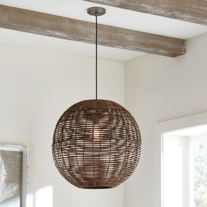 allen + roth Cleo Raw Iron Canopy with Dark Natural Rattan Shade Traditional Globe Large Hanging Pendant Light