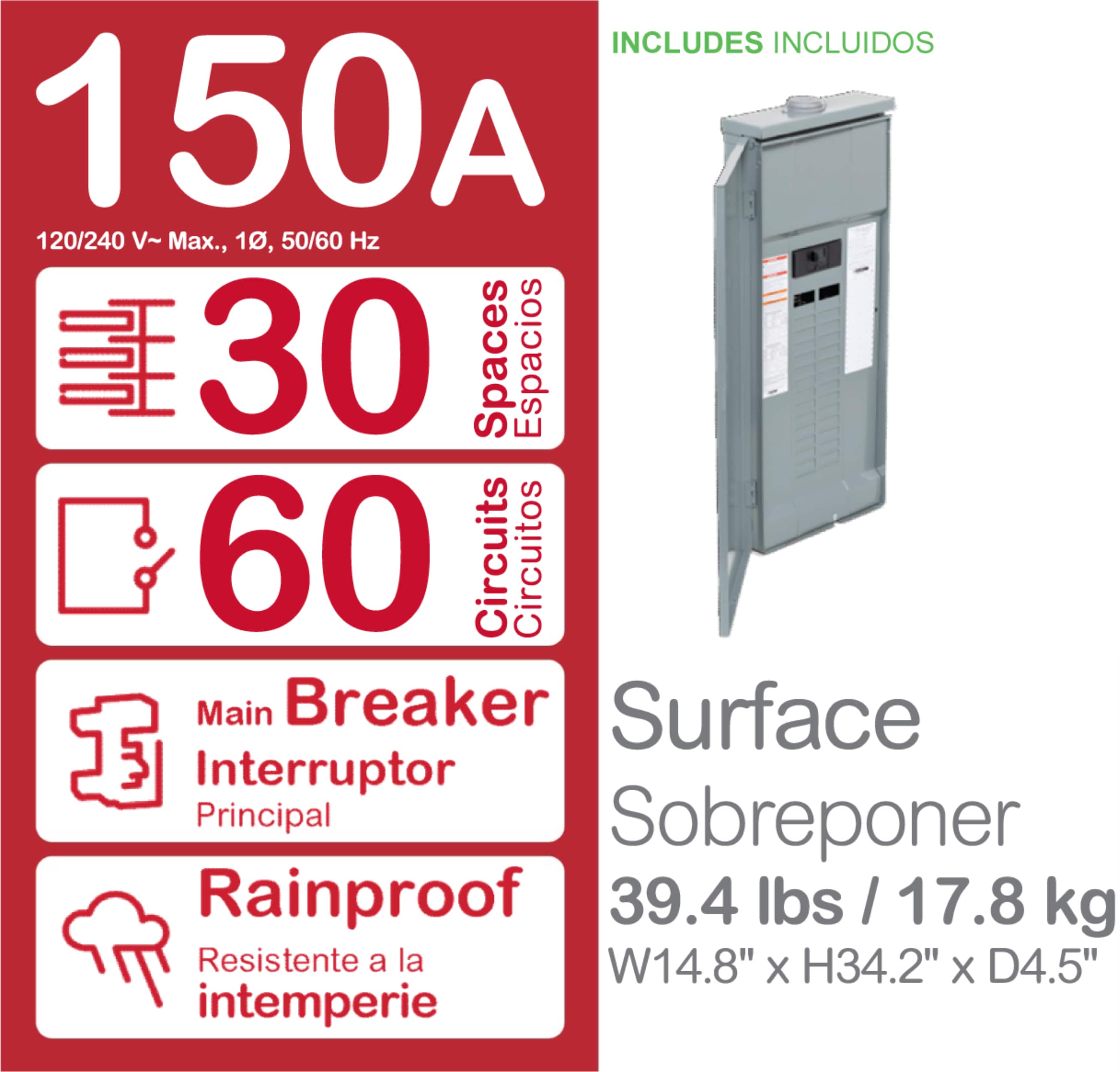 Homeline 150 -Amp 30 -Spaces 60 -Circuit Outdoor Main breaker Plug-On Neutral Load Center - Image 3