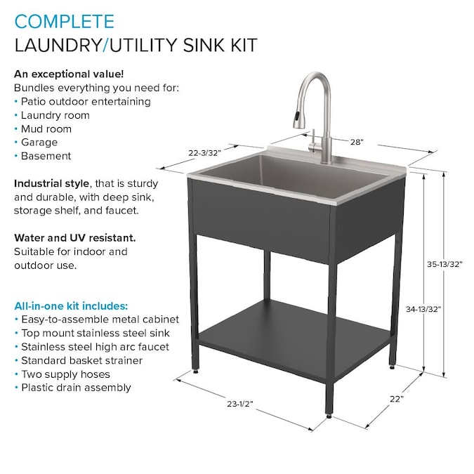 Transolid 22.1-in x 28-in 1-Basin Matte Black Freestanding Laundry Sink with Faucet - Image 3