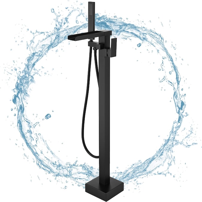 BWE Matte Black 1-handle Freestanding Waterfall Bathtub Faucet with Hand Shower (Valve Included)