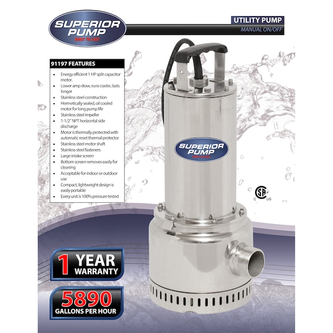Superior Pump 1-HP 120-Volt 98-GPM Stainless Steel Submersible Utility Pump - Image 2