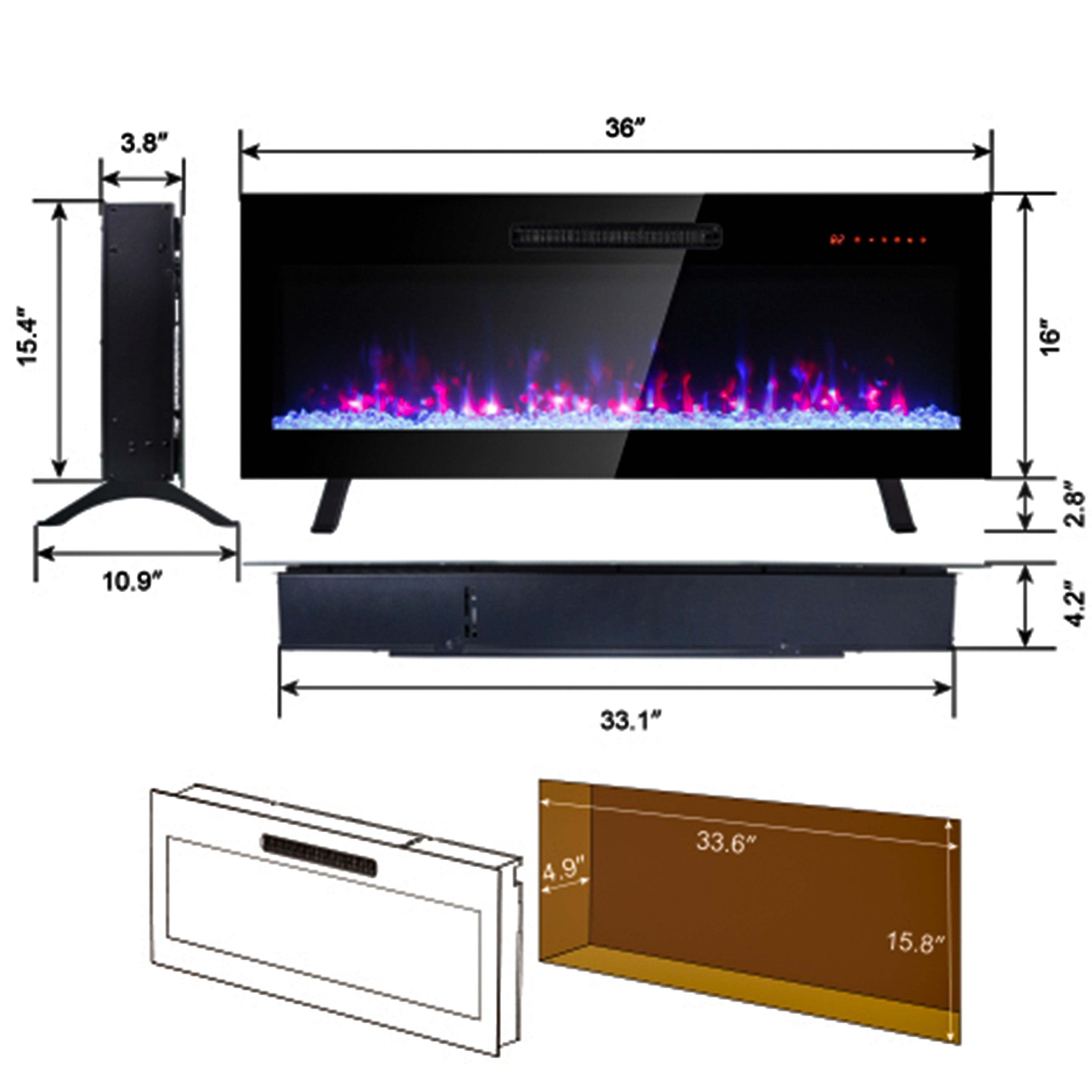 36-Inches W Antique Black Wall mount Fan-forced Wall-mount Electric Fireplace with Remote Control Included - Image 7