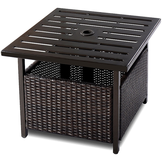 CASAINC Patio Rattan Wicker Steel Side Deck Table Square Rattan Coffee Table 22-in W x 22-in L with Umbrella Hole