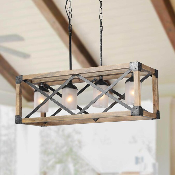 LNC Lucia 4-Light Antique Black and Distressed Brown Wood Farmhouse Frosted Glass Linear LED Large Hanging Kitchen Island Light