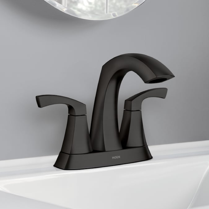 Moen Lindor Matte Black 4-in centerset 2-Handle WaterSense Bathroom Sink Faucet with Drain