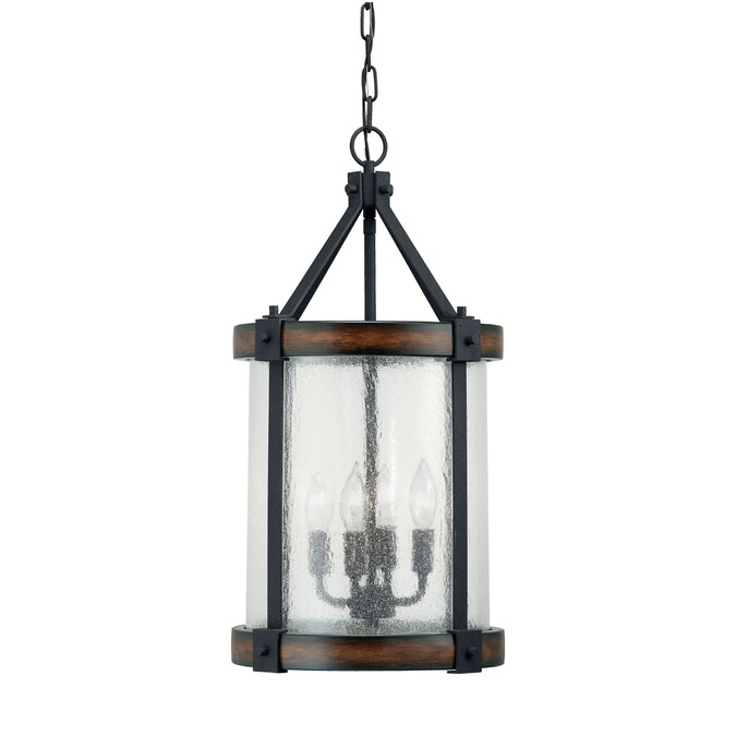 Kichler Barrington 4-Light Distressed Black and Wood Tone Rustic Seeded Glass Cylinder Large Hanging Pendant Light