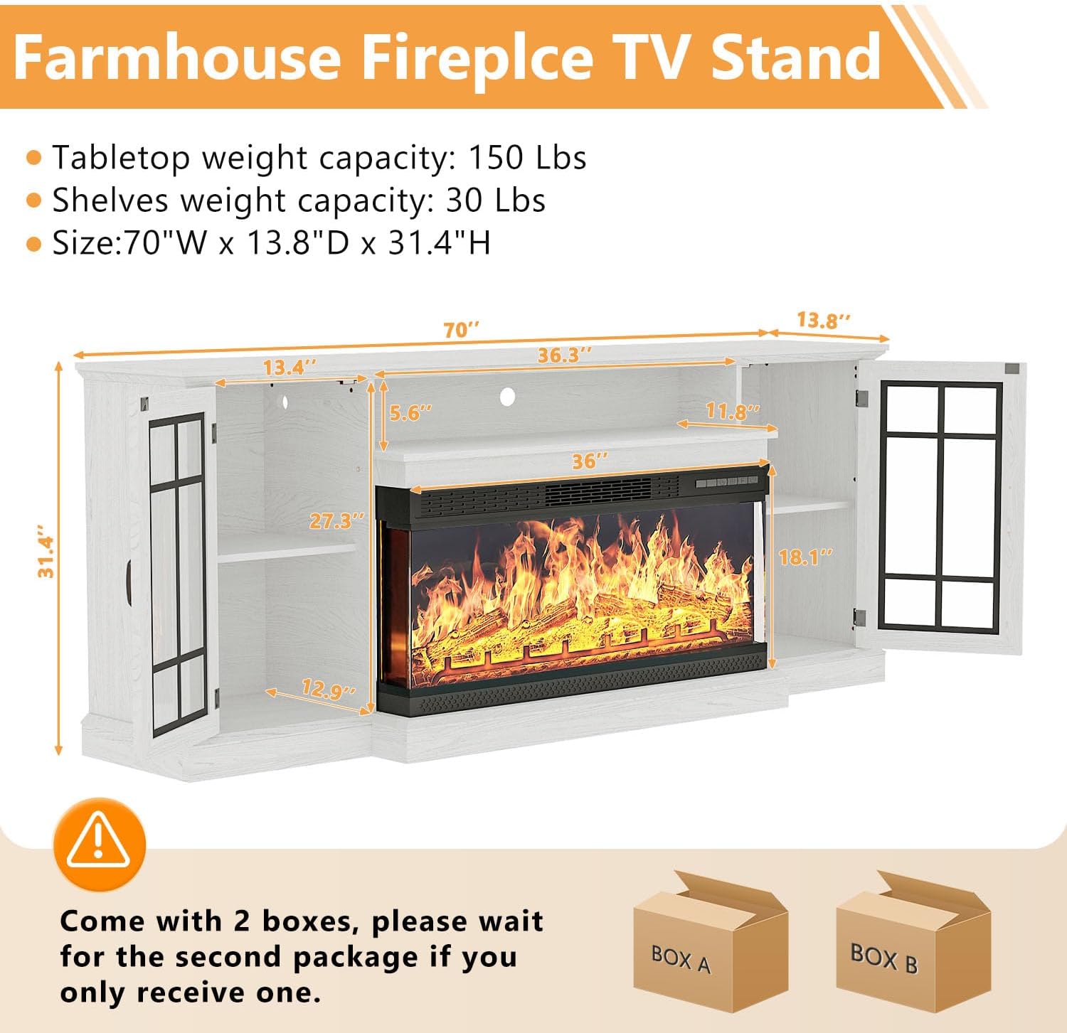 70-Inches W White TV Stand with LED Flat wall Electric Fireplace with Remote Control Included - Image 8